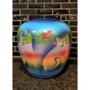 Vintage Judith Stiles Cat Vase Rainbow Heart Art Pottery Signed Multicolor 5.5"